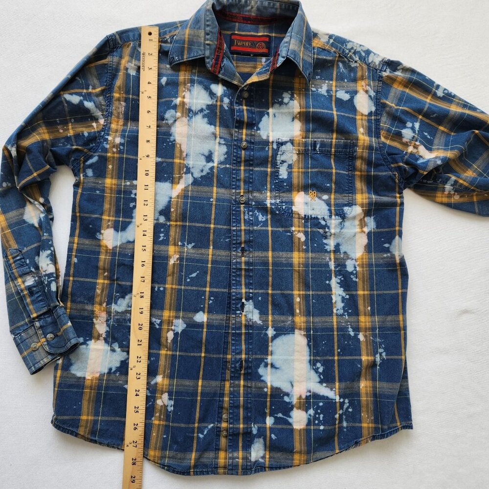 Upcycled Bleached Yellow Blue Plaid Button-Up Shirt Gypsy Soul Hippie Boho Cute - Picture 8 of 9